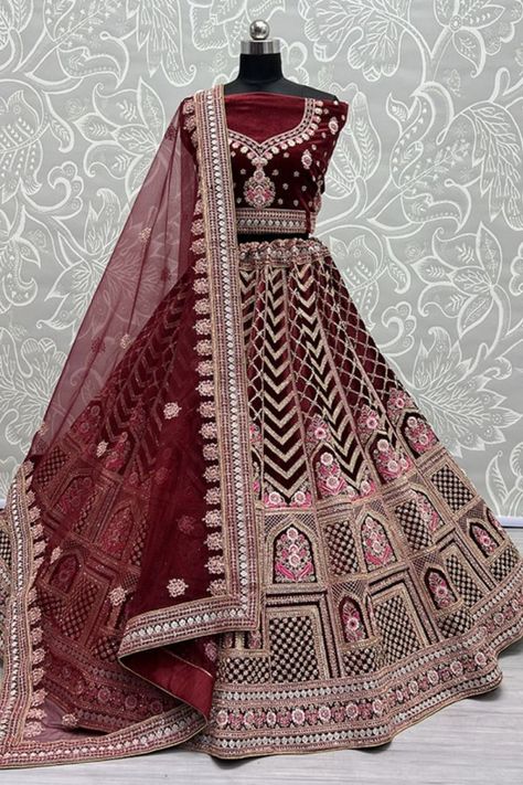 Maroon Velvet Heavy Designer Lehenga Choli Set Maroon Lehenga Combinations, Maroon Lehenga Choli, Lehenga Velvet, Velvet Choli, Maroon Lehenga, Velvet Dupatta, Bridal Lehenga Online, Fancy Embroidery, Ghagra Choli