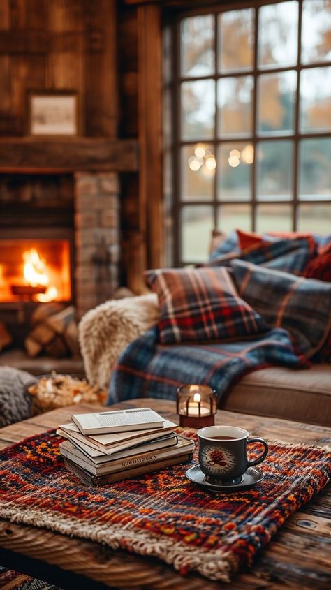 Cozy rustic cabin interior with fireplace, tartan blankets, books, and warm lighting, creating a tranquil atmosphere for relaxation. Cozy Winter Cabin Aesthetic, Hygge Fireplace, Room Ideas For Adults, Cozy Cabin Aesthetic, Little Mermaid Bathroom, Hygge Winter, Cozy Winter Cabin, Disney Room Decor, Cabin Aesthetic