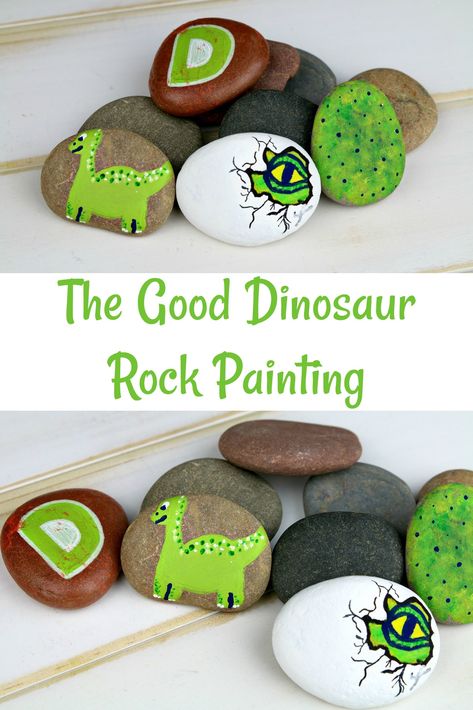 Disney Pixar The Good Dinosaur Rock Painting #disney #diy Rock Painting Ideas Dinosaur, Dino Rock Painting, Dinosaur Rocks, Dinosaur Rock Painting, Dinosaur Crafts Kids, Rock Painting Supplies, Disney Paintings, Rainy Day Crafts, Dinosaur Crafts