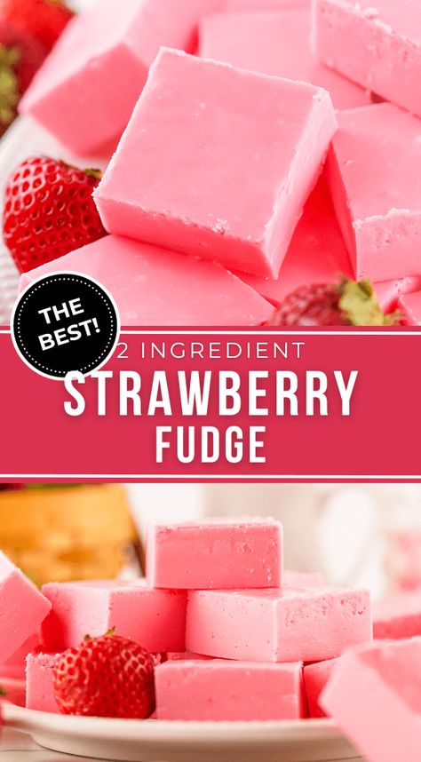 This 2 ingredient strawberry fudge takes only a few ingredients and less than five minutes to make. If you want a simple sweet treat to give to the people that you love, than you have to try this easy fudge recipe. Simple 3 Ingredient Recipes, Easy Desserts With Basic Ingredients, Cheap Sweets Recipes, Really Good Easy Desserts, Easy Things To Bake 3 Ingredients, Strawberry Fudge 2 Ingredient, 3 Ingredient Candy Recipes, 5 Ingredient Baking Recipes, Homemade Strawberry Desserts