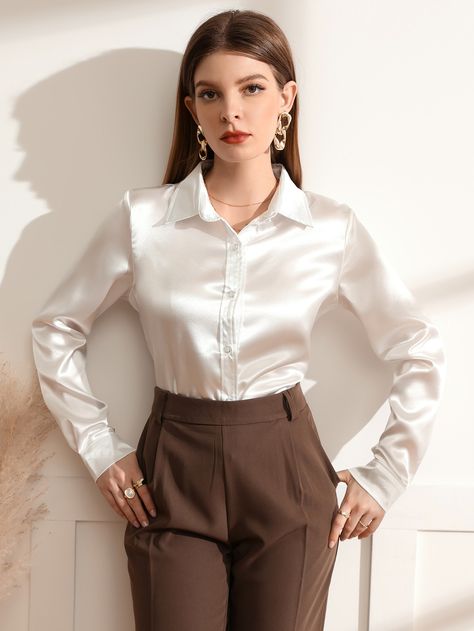 Satin Shirts For Women, Satin Shirt Outfit, White Satin Shirt, Satin Blouse Outfit, Shirts For Women Stylish, White Satin Blouse, Satin Shirts, Polished Casual, Satin Bluse