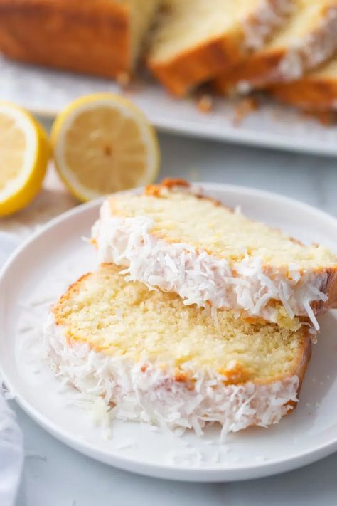 Coconut-Lemon Loaf with Coconut Lemon Glaze is an exceptionally moist, tender, and delicate cake with a kick of zesty lemon and coconut flavor. The classic combo of coconut and lemon makes it a go-to for slicing throughout the week. It's also a great treat to wrap up and gift to friends, family, and neighbors, suitable for any occasion or holiday. Lemon Yogurt Cake, Lemon Loaf Recipe, Starbucks Lemon Loaf, Starbucks Lemon, Lemon Loaf Cake, Loaf Cakes, Lemon Bundt Cake, Lemon Icing, Lemon Poppyseed Muffins