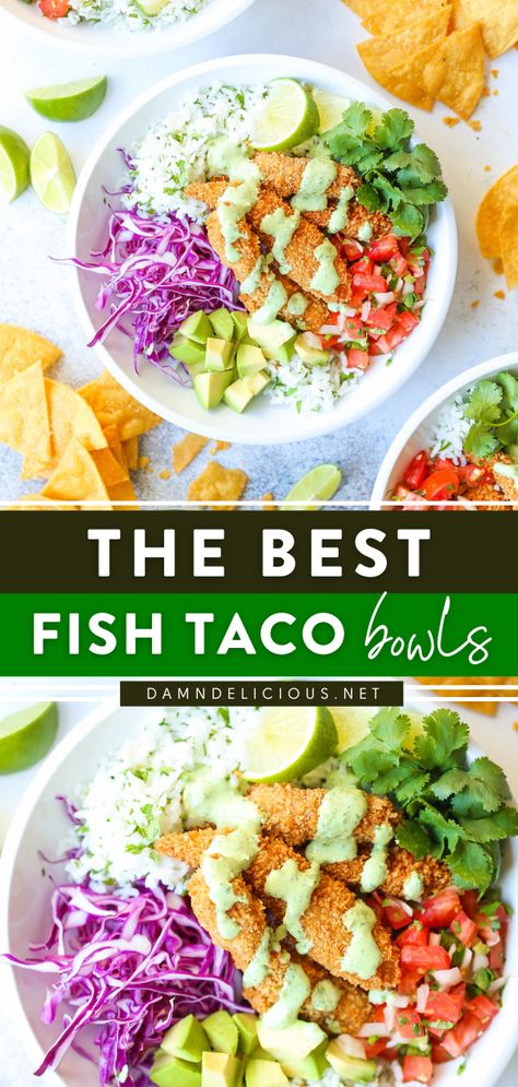 FISH TACO BOWLS Taco Fish Bowl, Fish Tacos Bowls, Clean Eating Recipes Fish, Fish Bowl Food, Fish Taco Bowl Recipe, Easy Fish Dishes, Fish Tacos Bowl, Fish Bowls Recipe, Fish Taco Bowl Healthy