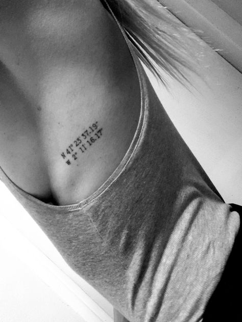 Gps Coordinates Tattoo, Small Hidden Tattoos, Pair Tattoos, Mum Tattoo, Coordinates Tattoo, Tattoo Placements, Ribcage Tattoo, Hidden Tattoos, Elements Tattoo