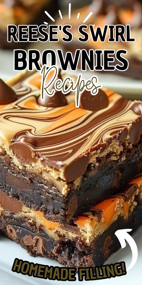 Reese's Swirl Brownies Reeces Brownie Recipes, Reese Brownies, Reeses Brownies Recipe, Brownies Fudgy, Peanut Butter Oat Bars, Peanut Butter Swirl Brownies, Peanut Butter Oat, Peanut Butter Cup Brownies, Fudgy Brownie Recipe