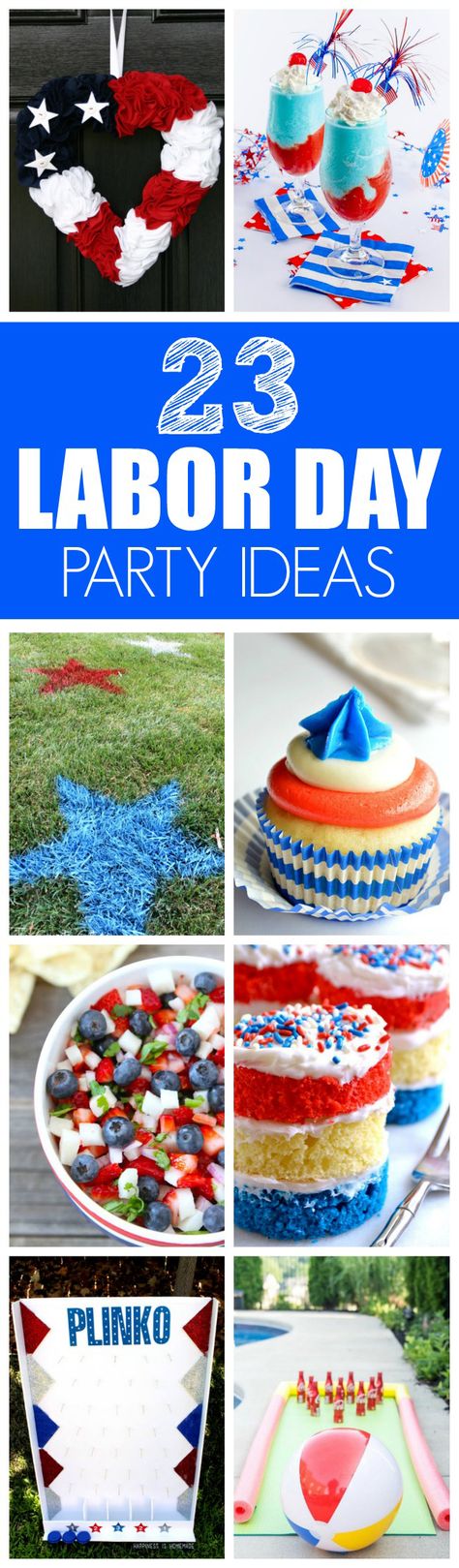 23 Perfect Labor Day Party Ideas | Recipes, Games, Decor | Featured on Pretty My Party Labor Day Birthday Party Kids, Summer Backyard Party Decorations, Labor Day Party Ideas, Labor Day Decorations, Labor Day Crafts, Barbecue Ideas, Summer Backyard Parties, Labor Day Party, Backyard Party Decorations