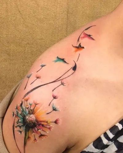 Dandelion Bird Tattoos, Feather Bird Tattoo Shoulder, Dandelion Tattoo Design, Feather With Birds Tattoo, Cool Shoulder Tattoos, Dragonfly Tattoo Design, Dandelion Tattoo, Tasteful Tattoos, Inspiration Tattoos