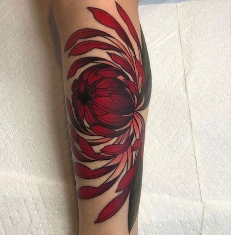 Red Chrysanthemum Tattoo, Neo Traditional Japanese, Crisantemo Tattoo, Floral Hip Tattoo, Red Chrysanthemum, Plant Tattoos, Floral Back Tattoos, Mum Tattoo, Neo Traditional Tattoos