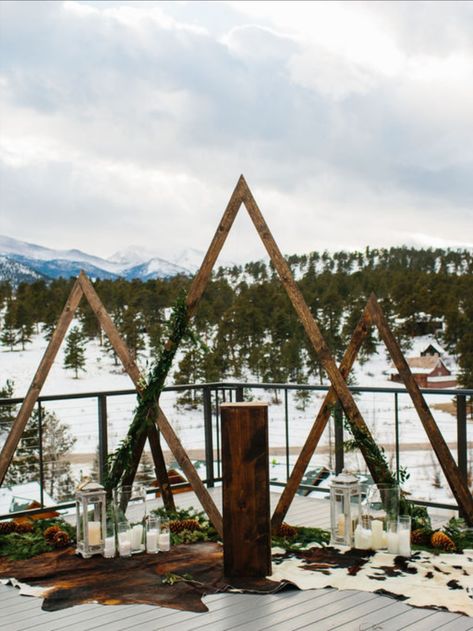 SkyView Wedding Mountain Ceremony Decor Outdoor   Megan Alvarez Photography Wedding Arch Ideas Mountain, Mountain Ceremony Decor, Christmas Mountain Wedding, Diy Mountain Wedding Decor, Mountain Wedding Alter, Mountain Theme Centerpieces, Mountain Arch Wedding, Wedding Arch Mountains, Mountain Wedding Theme Ideas