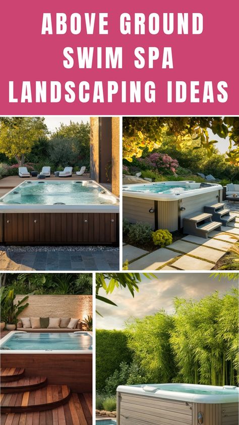 Discover exceptional landscaping concepts to elevate your above-ground swim spa into a captivating sanctuary where relaxation meets sophistication. Unveil ten transformative ideas that will turn your outdoor space into an irresistible oasis beckoning you to unwind and rejuvenate in style. Patio With Swim Spa, Landscaping Around A Hot Tub, Above Ground Spa Landscaping Ideas, Above Ground Spa Ideas, Above Ground Swim Spa, Swimspa Backyard Ideas, Swim Spa Enclosure Ideas, Spa Landscaping Ideas, Swim Spa Deck Ideas