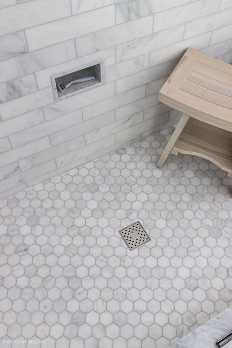 Our marble hexagon shower floor - love! Hexagon Shower Floor, Hexagon Tile Bathroom, Marble Showers, Shower Floor Tile, Decorating Bathroom, Master Shower, Bad Inspiration, Interior Minimalista, Bathroom Remodel Designs