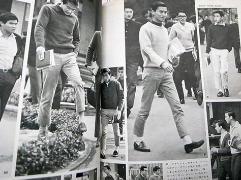 During the early-to-mid-1960s, the (American) Ivy League style was a very big trend in Japan. Japanese American Ivy Style, Japan Americana Style, Ivy Asia London, 60s Ivy League Style, Japanese Americana Fashion Men Summer, Vans Jacket, Ivy Look, Japanese Mens Fashion, 일본 패션