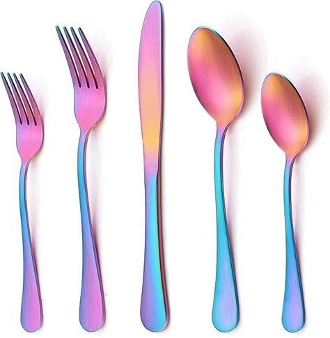 #rainbow #cutlery #amazon #gifts #trending #matte #silverware Rose Gold Flatware, Copper Flatware, Modern Flatware, Restaurant Party, Fancy Kitchens, Gold Flatware, Eating Utensils, Sterling Silver Flatware, Stainless Steel Cutlery