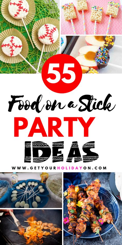 Appetizers, party food, and street fair ideas are part of this Food on a Stick roundup! Find delicious desserts and unique food ideas that will have your mouth watering! #appetizers #foodie #diyfood #momlife Festival Foods Ideas, State Fair Theme Party Food, Healthy Carnival Food Ideas, Street Fair Ideas, State Fair Party Ideas, Fair Food Ideas, Food On A Stick Ideas, Carnival Food Ideas, Unique Food Ideas