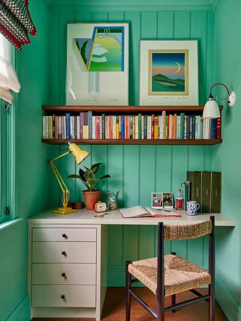 Lonika Chande brings her hallmark flair for colour and pattern to a 19th-century Chelsea house | House & Garden Small Home Study, Lonika Chande, Chelsea Townhouse, Upholstered Banquette, Bed Nook, Tongue And Groove Panelling, Fireside Chairs, Custom Headboard, Cozy Living Spaces