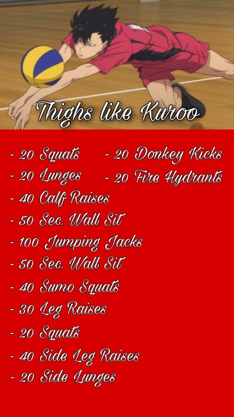 #haikyuu #haikyuuboys #workoutroutine #workoutathome #kuroo #kurootetsurou #haikyuuworkout #anime Anime Exercise Routines, Anime Excercise, Anime Training Workout, Anime Leg Workout, Anime Workout Exercises, Haikyuu Workout, Workouts Anime, Anime Workout Routine, Anime Exercise