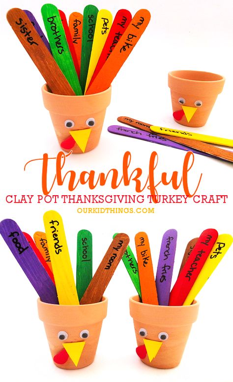 Clay Pot Thankful Turkey Craft - Our Kid Things Easy Turkey Centerpiece Craft, Clay Turkey, Thanksgiving Centerpieces Diy Kids, Thanksgiving Centerpieces Kids, Thanksgiving Kid Recipes, Thankful Crafts, Diy Thanksgiving Centerpieces, Thanksgiving Centerpieces Diy, Fun Thanksgiving Crafts