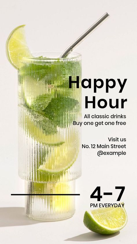 Menu Design Instagram Story, Happy Hour Board Ideas, Instagram Story Ideas For Restaurants, Drinks Story Instagram, Restaurant Instagram Story Ideas, Happy Hour Poster Design, Club Instagram Story, Restaurant Instagram Story, Happy Hour Poster