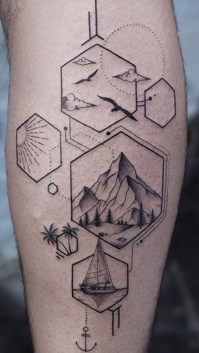 Hexagon Mountain Tattoo, Mountain Ocean Forest Tattoo, Forest And Ocean Tattoo, Geometric Nature Tattoo Sleeve, Calf Tattoo Geometric, Nature Linework Tattoo, Linework Wolf Tattoo, Fine Line Nature Tattoo Sleeve, Geometric Nature Tattoo Design