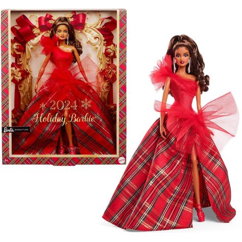 The 2024 Holiday Barbie doll embodies the warmth and love of the season with a festive gown and party look! Showcasing gorgeous drama, the dress pairs a draping, one-shoulder, sparkling red bodice with a full, plaid ballgown-style skirt. Big tulle accents are a modern take on a classic look. In packaging that's ideal for display, this collectible doll makes a great gift for 6 year olds and up. Includes doll stand and Certificate of Authenticity. Doll cannot stand alone. Colors and decorations ma Barbie Doll Christmas Tree, Barbie Christmas Dress Free Pattern, Barbie Christmas Clothes, Barbie Advent Calendar, Barbie Christmas Tree, Barbie Signature, Barbie Collector Dolls, Christmas Barbie, Barbie Style