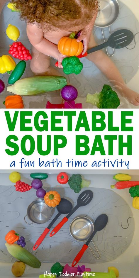 Vegetable Soup Bath - HAPPY TODDLER PLAYTIME Bath Activities, Fun Bath Ideas, Sensory Bath Ideas, Bath Time Ideas, Sensory Bath, Toddler Bath Activities, Vegetable Sensory Play, Vegetable Activities For Toddlers, Themed Baths For Kids