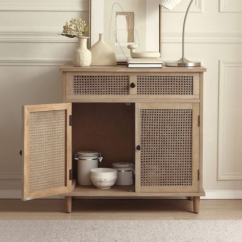 PRICES MAY VARY. 【Modern & Classic】: The rattan buffet sideboard combines aesthetic with practicality. It adopts hand-woven natural rattan that provides a perfect visual effect, adding charm to your home. 【Large Storage Space】: This rattan buffet cabinet with a large drawer for small objects, and a wide tabletop to space store for photos or decoration. Behind its doors is a hidden large space that can keep your room tidy and orderly. 【Premium Material】: Made of high-quality MDF board and solid w Rustic Storage Cabinets, Sideboard Sliding Doors, Sideboard Decor, Accent Storage Cabinet, Sideboard Storage Cabinet, Wood Buffet, Accent Storage, Solid Wood Sideboard, Wood Mosaic