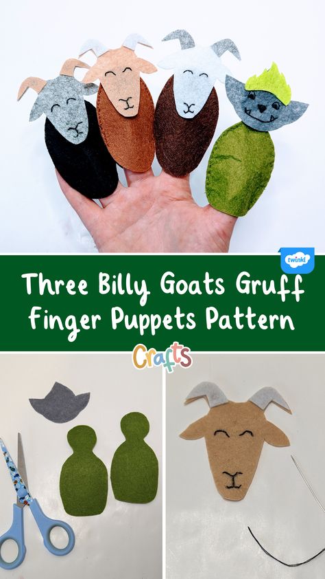 Goat Finger Puppet, 3 Billy Goats Gruff Craft, Goat Puppet, Goat Craft, Three Billy Goats Gruff, Finger Puppet Patterns, Billy Goats Gruff, Billy Goat, Puppets Diy