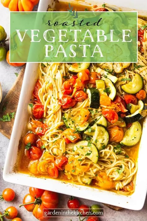 This easy Roasted Vegetable Pasta screams summer! Tender roasted tomatoes, garlic, and zucchini are mixed with gluten free pasta to create a juicy, saucy, and herbaceous weeknight dinner. Zucchini Gluten Free, Pasta With Zucchini And Tomatoes, Garden In The Kitchen, Zucchini Pasta Recipes, Easy Roasted Vegetables, Roasted Tomato Pasta, Roasted Vegetable Pasta, Tomato Pasta Recipe, Roast Zucchini