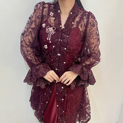 Exquisite detailing and rich color make it a timeless statement piece. Yeva Kebaya Top in Burgundy by @jaleela.id Available at Dresshaus.com Kebaya Burgundy, Kebaya Embroidery, Kondangan Outfit, Bead Embroidery Tutorial, Embroidery Tutorial, Embroidery Tutorials, Bead Embroidery, Dream Dress, Beaded Embroidery