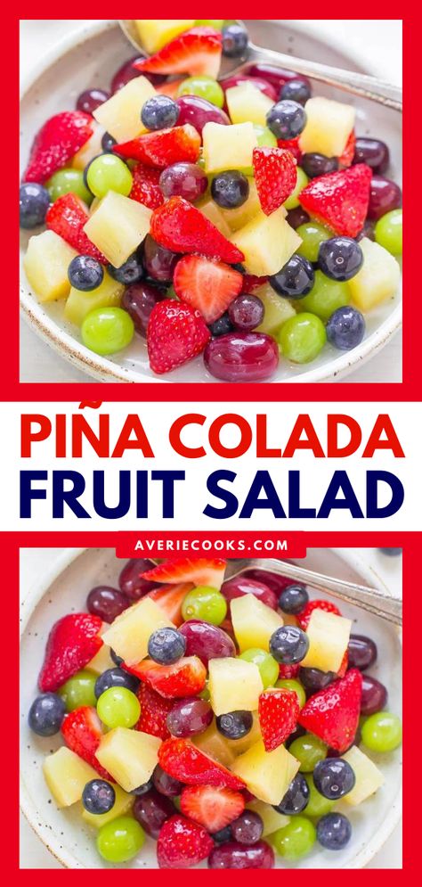 Tropical Fruit Salad (+ Pina Colada Dressing!) - Averie Cooks Pina Colada Mix, Homemade Fruit Salad, Easy Fruit Salad Recipes, Juice Coconut, Memorial Day Foods, Tropical Fruit Salad, Best Fruit Salad, Fruit Salad Easy, Fresh Fruit Salad