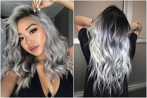 Icy Grey Blonde Hair Dark Roots, Brown Silver Balayage, Silver Hair Black Roots, Grey Silver Hair Color, White Hair With Black Roots, Smokey Silver Hair, Silver Hair Ideas, Dark Silver Hair, Silver Balayage