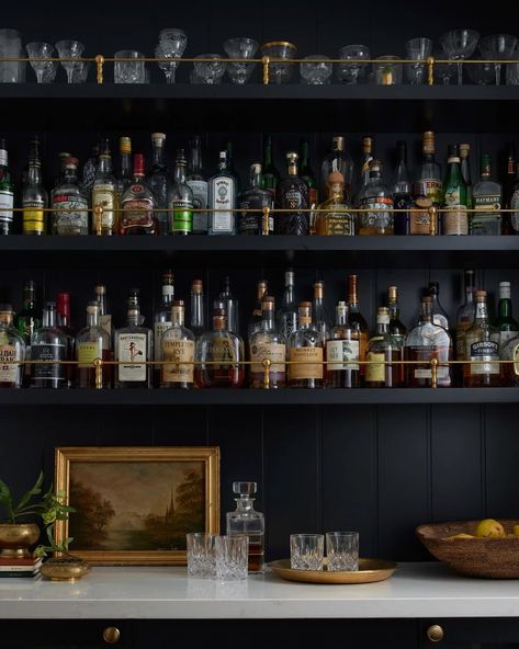 Home Bar Nook Ideas, Dry Bar Open Shelving, Bar Bookshelf Ideas, Mini Bars For Home Small Spaces, Vintage Bar Ideas For Home, Bourbon Cabinet, Gentleman Room, Witches Den, Basement Speakeasy