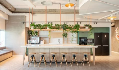 Office Pantry Design, Kitchen Design Island, Sustainable Office Design, Pink Coffee Shop, Bar Stool Bench, Office Collaboration Space, Vibrant Office, Office Coffee Bar, Design Studio Office