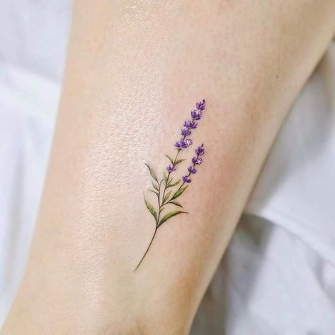 Small Purple Flowers Tattoo, Girly Floral Tattoo, Purple Lavender Tattoo, Lilac Wrist Tattoo, Lavender Tattoo Wrist, Small Purple Tattoo, Purple Ink Tattoos, Flower Tattoos Lavender, Simple Lavender Tattoo