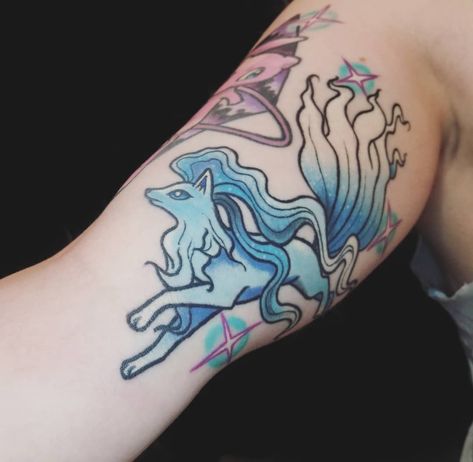 Healed Alolan Ninetales ✨ done by the wonderful @lindseebeetattoo back in November 💙 Alolan Ninetales Tattoo, Ninetails Tattoo, Ninetales Tattoo, Ninetales Pokemon, Alolan Ninetales, Pixel Tattoo, Tattoo Fixes, I Have No One, Pokemon Tattoo