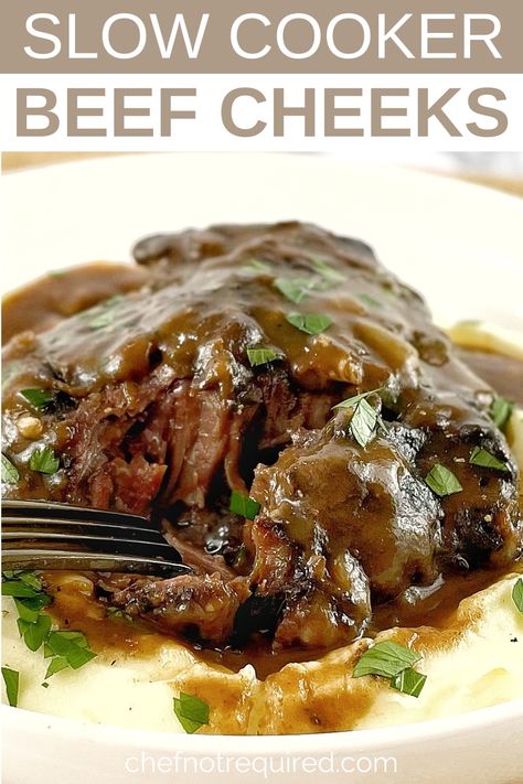 This recipe for slow cooker beef cheeks will give you tender, succulent beef cheeks braised in red wine sauce. Make them in your crock pot for an easy weeknight dinner or fancy enough to impress your fine dining guests too. Also known as ox cheeks, these beef cheeks are melt in your mouth soft and tender. Pork Cheeks Recipe Slow Cooker, Braised Beef Cheeks Recipe, Beef Cheek Recipes, Braised Beef Cheeks, Pork Cheeks Recipe, Beef Cheeks Recipe Slow Cooker, Beef Cheek Meat Recipe, Beef Cheeks Slow Cooker, Ox Cheek Recipes