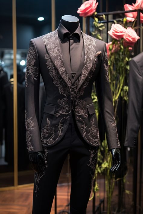 Rose flower inspired suit Steampunk Wedding Suit, Floral Tuxedo Men, Groom Suit Unique, Unique Suits For Men, Fantasy Suit, Fancy Tuxedo, Emo Prom, Gothic Suit, Star Suit