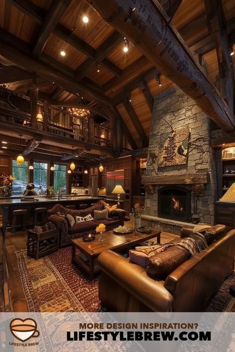 Rustic Living Room Design Ideas: Creating a Cozy and Inviting Space - LifeStyle Brew Dark Cabin Living Room, Vintage Cabin Living Room, Log Home Living Room Ideas, Rustic Living Room Decor Cozy Cabin Mountain Homes, Rustic Cabin Living Room Overstock, Living Room Log Furniture, Rustic Fireplace, Mountain House Living Room, Minecraft Living Room Ideas