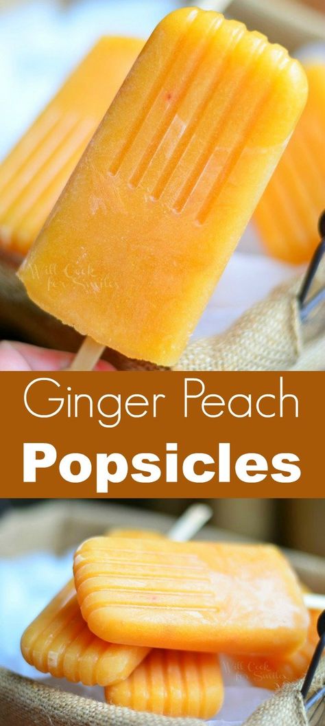 Ginger Peach Green Tea Popsicles. They are made with fresh ginger, succulent peaches and smooth green tea. #popsicles #icepops #frozen #dessert Tea Popsicles, Peach Ice Cream Recipe, Peach Popsicles, Ginger Shot Recipe, Green Tea Cookies, Turmeric Ginger Tea, Crockpot Roast Recipes, Will Cook For Smiles, Peach Green Tea