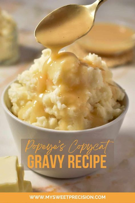 If you're a fan of Popeyes's classic, Southern-inspired flavor, you're in for a treat! This Popeyes gravy recipe brings all the rich and savory goodness right into your kitchen. Made with a simple combo of butter, flour, and chicken broth, this gravy is surprisingly easy to recreate at home. Copycat Popeyes Gravy, Popeyes Mashed Potatoes And Gravy Recipe, Cajun Gravy Popeyes, Popeyes Sauce Recipe, Popeyes Mashed Potatoes And Gravy, Popeyes Fried Shrimp Recipe, Popeyes Cajun Gravy Recipe, Popeyes Gravy Recipe, Popeyes Spicy Mayo