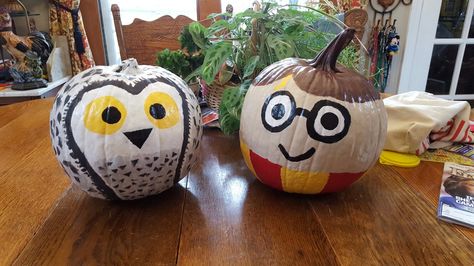 Harry Potter and Hedwig painted pumpkins Harry Potter And Hedwig, Owl Pumpkin Carving, Disney Pumpkin Painting, The Three Broomsticks, Harry Potter Birthday Invitations, Book Character Pumpkins, Story Book Pumpkin, Harry Potter Pumpkin, Harry Potter Platform