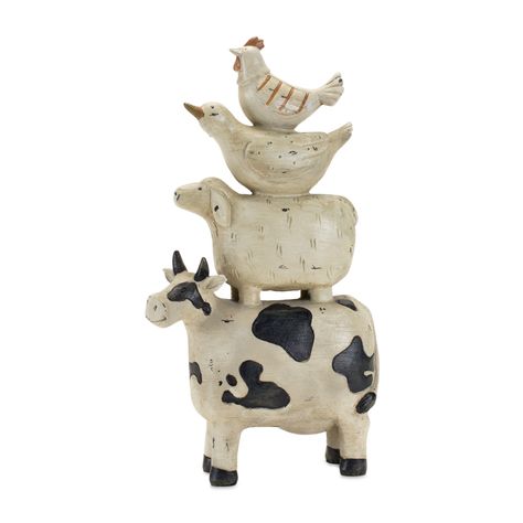 The beautiful Farm Animal Stack is the perfect addition to your farmhouse décor. This piece is sure to add a whimsical touch of nature to your living space. Country Room, Lime Powder, Black Tones, Quirky Decor, Beautiful Farm, Indoor Patio Furniture, Animal Figurines, Farm Animal, Country Chic