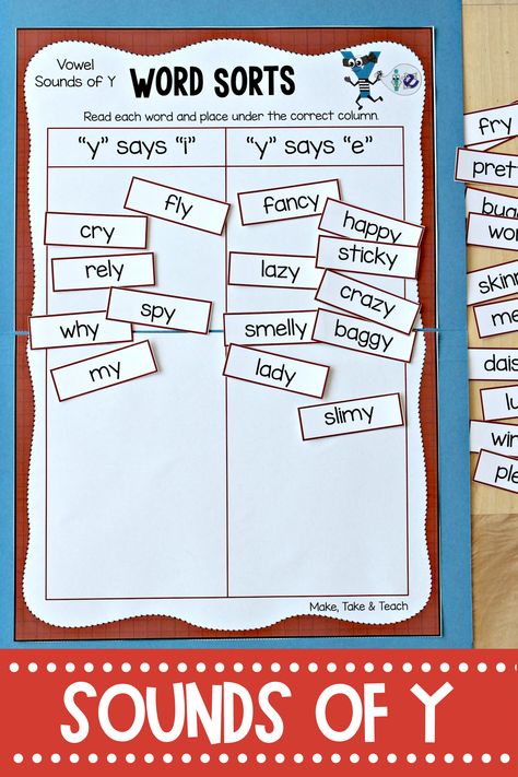 Y As I And E Phonics, Y As A Vowel Activities, Aeiou Vowels Activities, Long Vowel Activities, Vowel Sounds Activities, Long Vowels Activities, First Grade Literacy Centers, Word Sort Activities, Syllables Activities