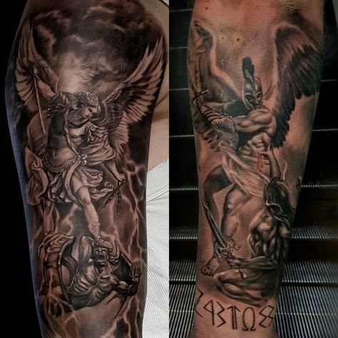 Good Vs Evil Forearm Tattoo, Angel And Demon Tattoo Men, Angels Vs Demons Tattoo, Evil Angel Tattoo, Stalked By Demons Guarded By Angels Tattoo, Good Vs Evil Tattoo, Angel Vs Demon Tattoo Design, Good Vs Evil Tattoo Sleeve, Angel Vs Demon Tattoo