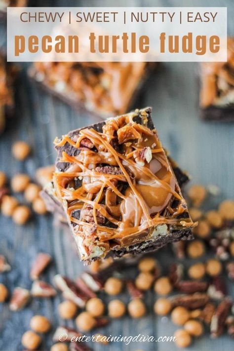 So soft and chewy, this simple caramel, chocolate and pecan turtle fudge recipe turns out every time with no candy thermometer required. Caramel Pecan Turtle Fudge, Caramel Pecan Fudge Recipe, Caramel Pecan Fudge, Cream Cheese Fudge Recipe, Turtle Fudge Recipe, Fantastic Fudge, Turtle Fudge, Homemade Halloween Treats, Ramadan Sweets