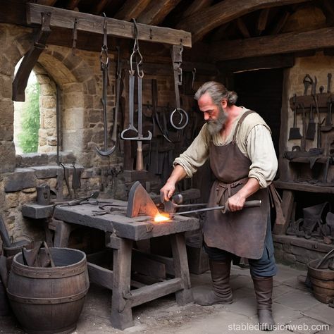 medieval blacksmith's clothing Prompts | Stable Diffusion Online Medieval Blacksmith Shop, Blacksmith Reference, Medieval Stable, Viking Blacksmith, Ukrainian Architecture, Medieval Blacksmith, Blacksmith Workshop, Outdoor Cottage, Farm Village