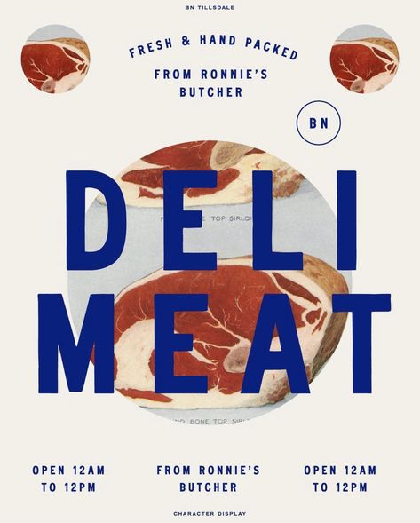 via Brandon Nickerson Deli Graphic Design, Deli Packaging Design, Deli Typography, Deli Branding Design, Butcher Branding, Meat Logo Design, Juicy Marbles, Deli Branding, Deli Logo