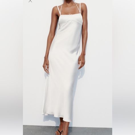 Zara midi slip dress white, size small Slip Dress White, White Slip Dress, Midi Slip Dress, Satin Bow, Engagement Shoot, White Satin, Engagement Shoots, Zara Dresses, Dress White