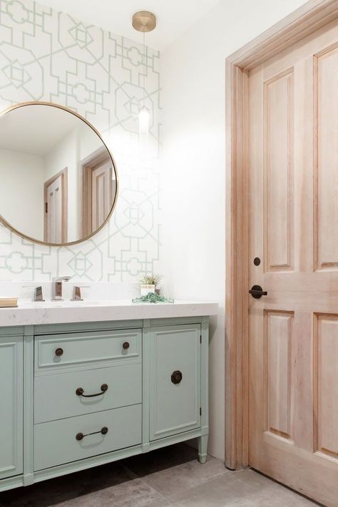 soft mint green cabinets bathroom vanity Vanity In Bathroom, Bathroom Vanity Designs, Painted Vanity, Bad Inspiration, Vanity Design, Bathroom Remodel Designs, Upstairs Bathrooms, Girls Bathroom, Round Mirror