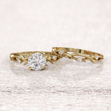 Dainty Nature Engagement Ring, Twig Engagement Ring Set, Gold Wedding Ring Set, Lab Created Diamond Rings, Moissanite Wedding Ring Set, Twig Engagement Ring, Cute Engagement Rings, Zierlicher Ring, Bridal Wedding Rings